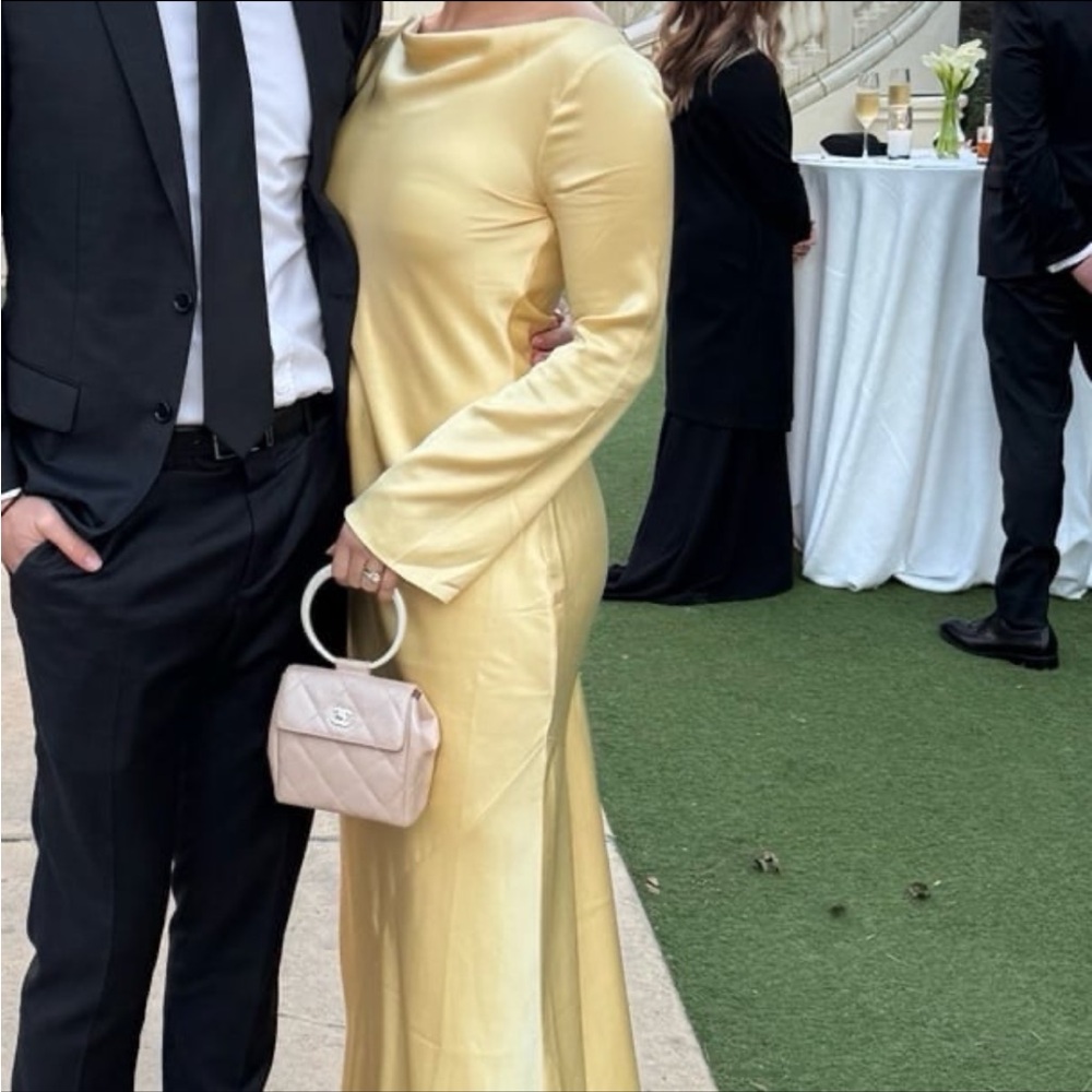 Reformation Ciana Satin Gown in butter yellow